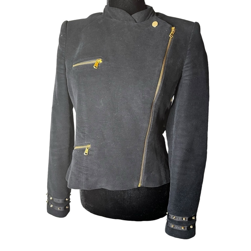 Zara Velvet Like Moto Bomber Collarless Jacket w/ Gold Zipper & Stud Detail sz M - Picture 11 of 16